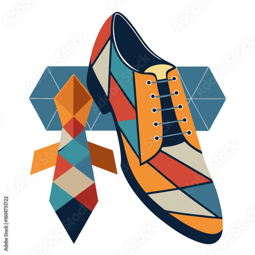 White oxford shoes and geometric print tie design