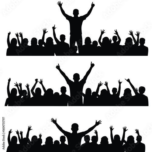 Crowd cheering with raised arms celebrating victory celebration people