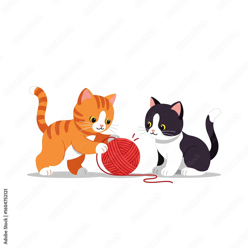 Fototapeta premium vector of orange kitten and black kitten playing with a ball of yarn