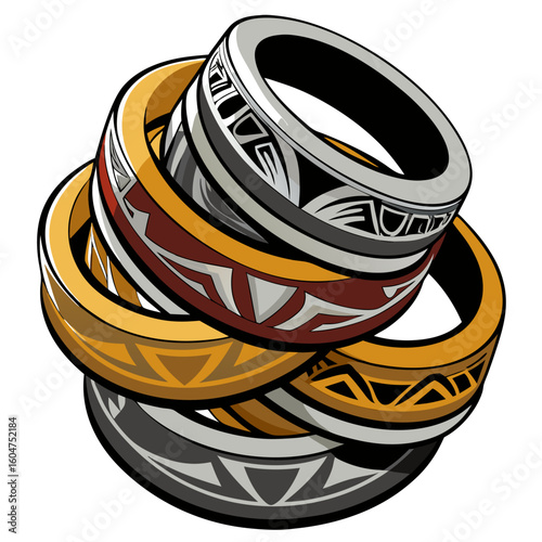 Intricate tribal engraved stackable rings in a mix of precious metals