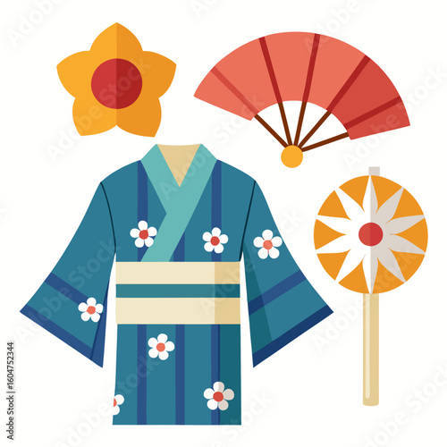 Traditional japanese yukata and paper fan illustration on a clean white background