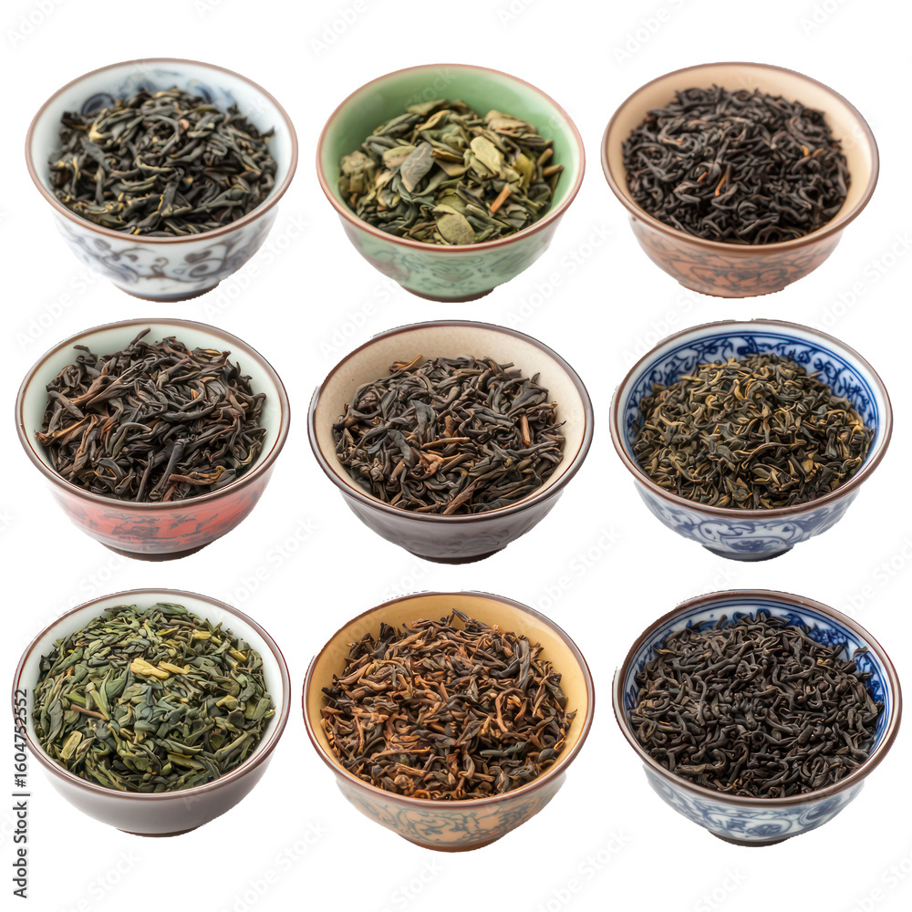Fototapeta premium A collection of loose-leaf tea, displayed neatly in a traditional Chinese tea set, isolated on white. isolated on transparency background