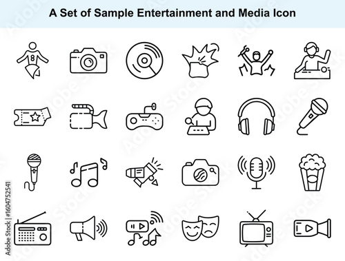 Black outlined entertainment and media icons on white background