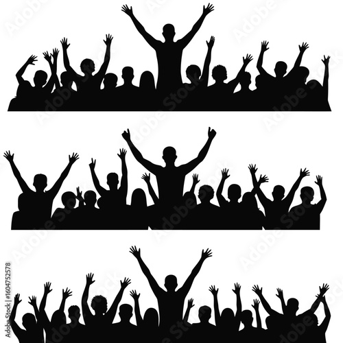 Crowd cheering with raised arms in silhouette celebration people