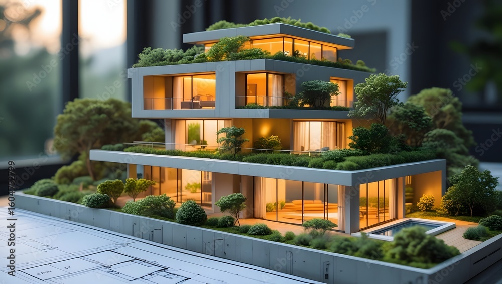 Obraz premium Modern architectural model of a luxury home with green roof and landscape