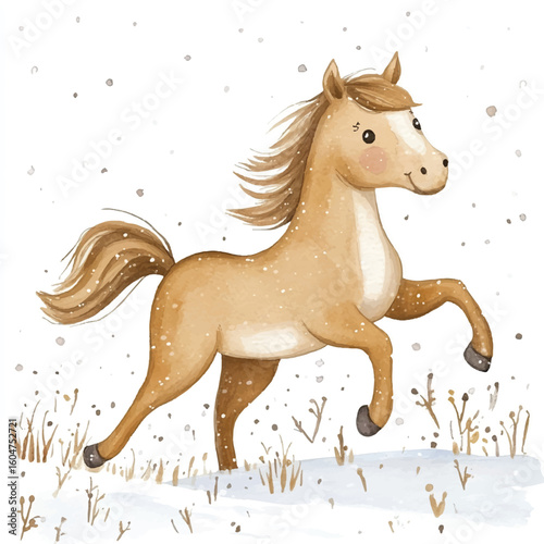Watercolor Illustration of a Playful Palomino Horse in a Snowy Field