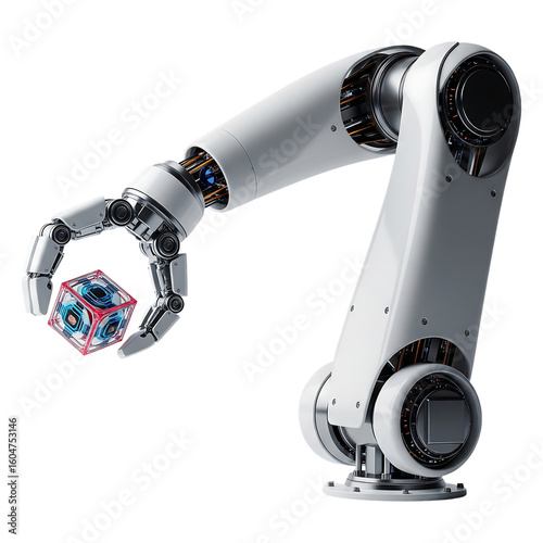 Robotic arm holding futuristic cube technology illustration