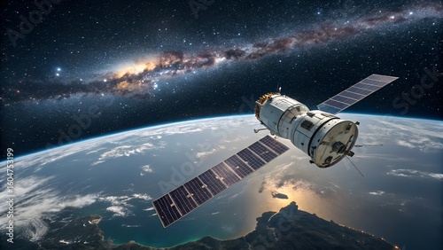 Wallpaper Mural A satellite orbits the blue planet with solar panels extended against a backdrop of stars and the Milky Way galaxy. Torontodigital.ca