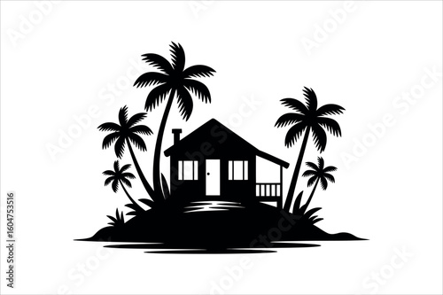 Tropical island bungalow with palm trees beach
