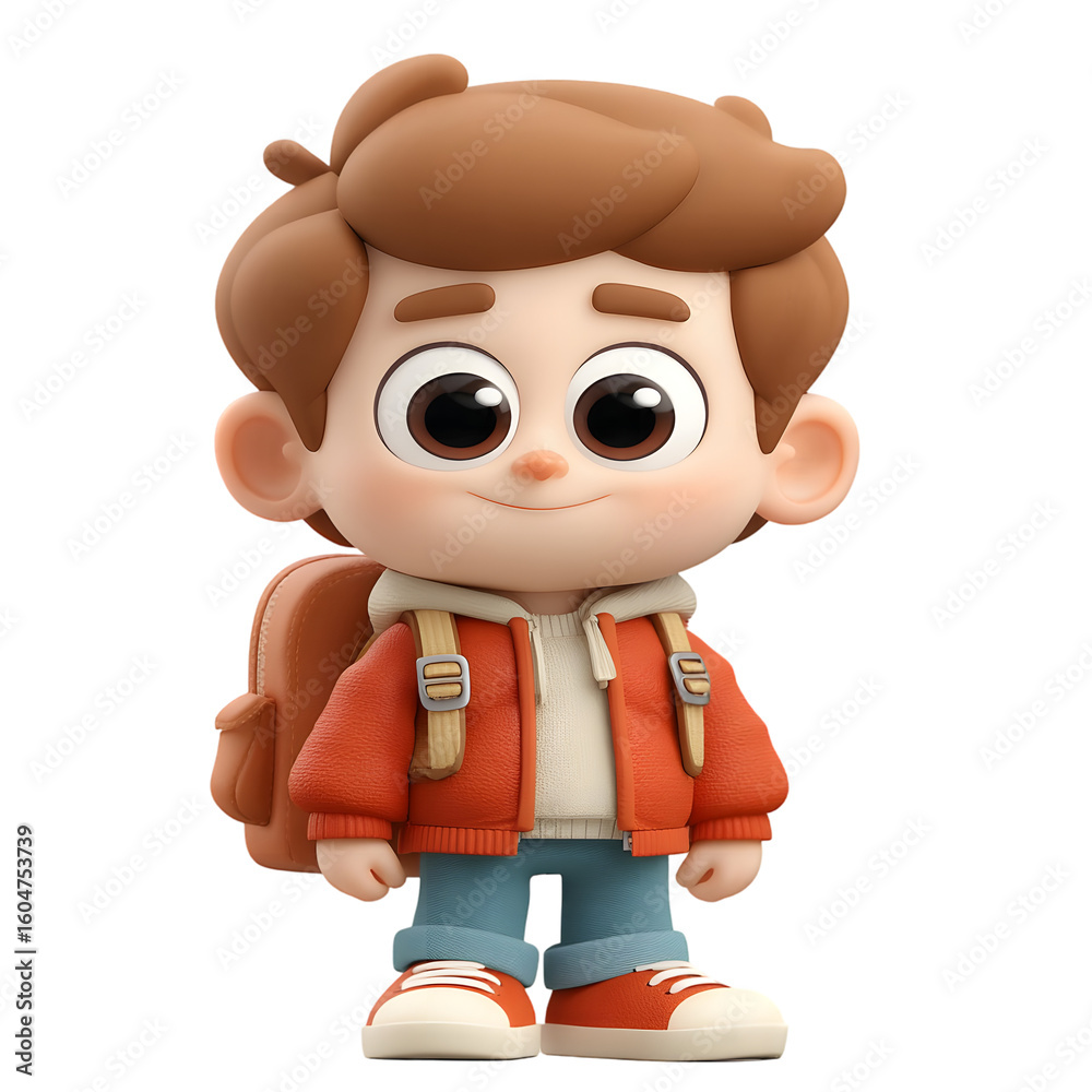 Fototapeta premium A cheerful cartoon boy with a backpack, wearing an orange jacket and blue jeans, standing happily against a transparent background