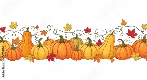 Autumn pumpkin border with fall leaves and vines. Hand drawn vector illustration of various pumpkins and gourds for Thanksgiving or Halloween design. Seamless pattern on a white background.