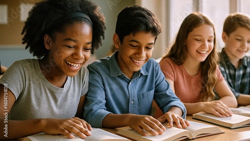 Happy multi-ethnic elementary school students smiling and reading books together at their desks in a vibrant classroom, engaging in learning and fostering friendships