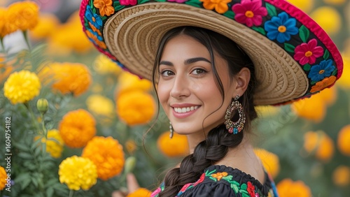 Smiling woman in traditional Mexican attire surrounded by vibrant marigold flowers