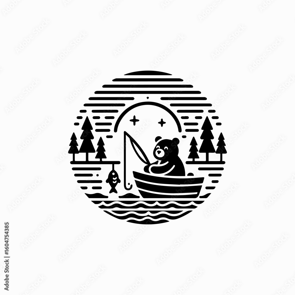 Obraz premium Bear Fishing at Night in a Boat Line Art Style.