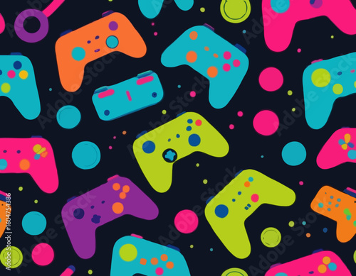 Game seamless pattern. Repeating design element for printing on fabric. Bright and neon controllers set. Minimalist creativity and art. Video game and .