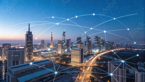 Wallpaper Mural Futuristic cityscape with digital network overlay at night Torontodigital.ca