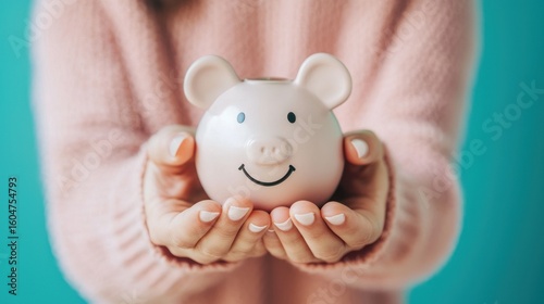 A person holding a pink piggy bank with a smiling face in their hands.