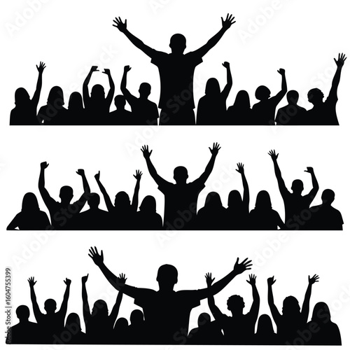 Silhouetted crowd cheering with raised arms people