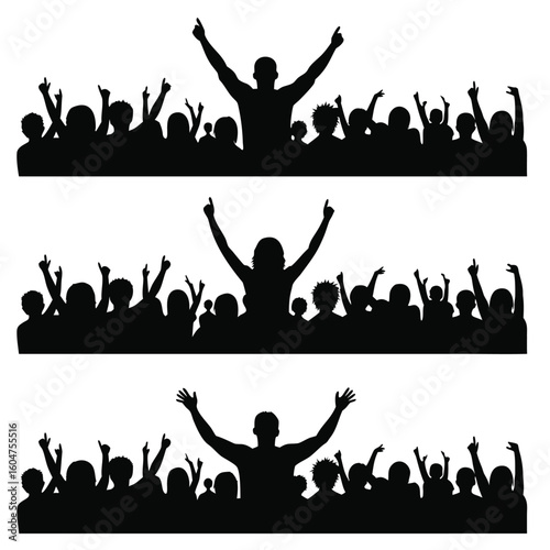 Silhouetted crowd with raised arms and pointing fingers people audience