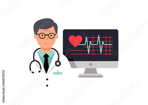  icon of a doctor monitoring a patient’s heart rate on a screen