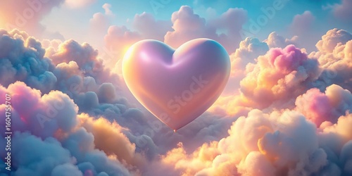 A Heart-Shaped Balloon Soaring Through a Dreamlike Sunset Sky, Surrounded by Soft Pastel Clouds