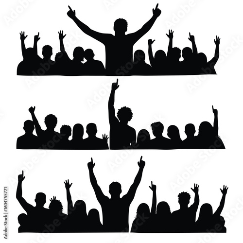 Silhouetted crowd cheering with raised hands people celebration