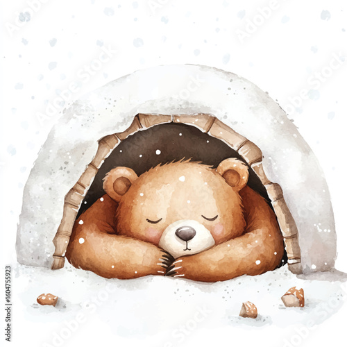 Watercolor Illustration of a Sleeping Bear in a Snow Shelter with Closed Eyes