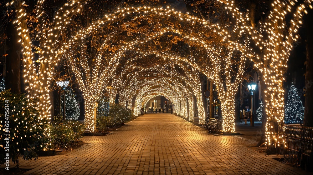 Fototapeta premium A serene, illuminated walkway adorned with twinkling lights, leading towards a distant, illuminated tree, creating a magical, festive atmosphere during the holiday season.