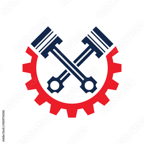 Red gear with crossed dark blue pistons on white background engine motor
