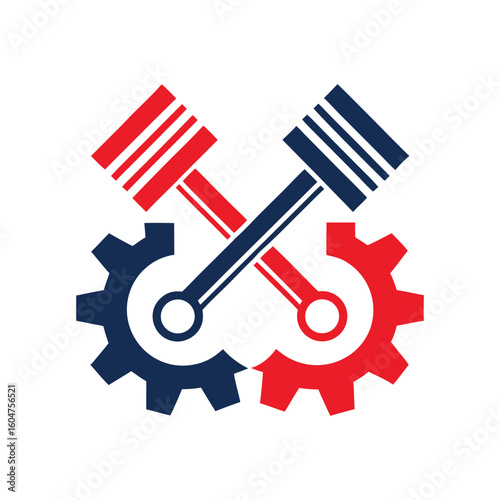 Two crossed pistons with gears in red and blue on white background engine motor