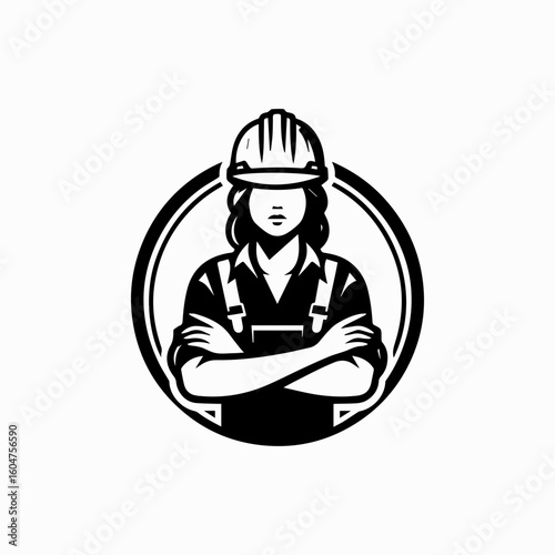 Confident Female Construction Worker in Hard Hat Arms Crossed Inside Circle.