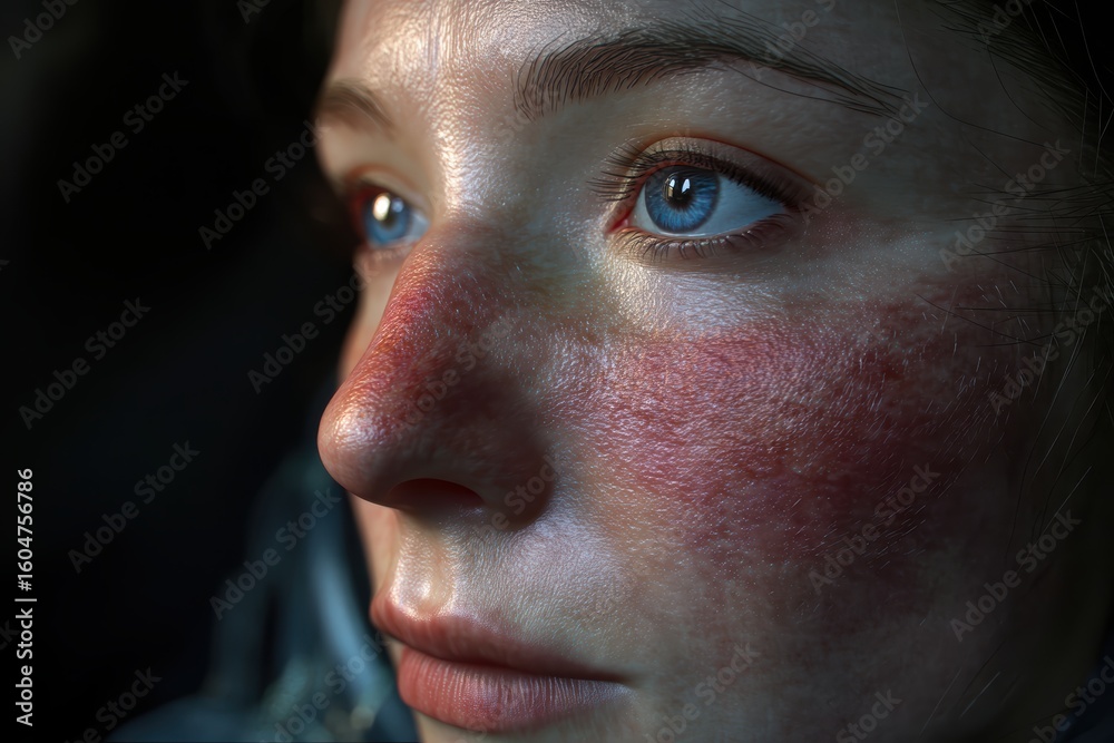 Obraz premium A close-up of a person's face with red, irritated skin on the cheeks and nose, highlighting visible pores and natural texture