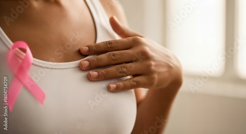 Breast Cancer Awareness. Unrecognizable woman with a pink ribbon symbol on her white shirt, checking her breast. Health and medicine concept.
