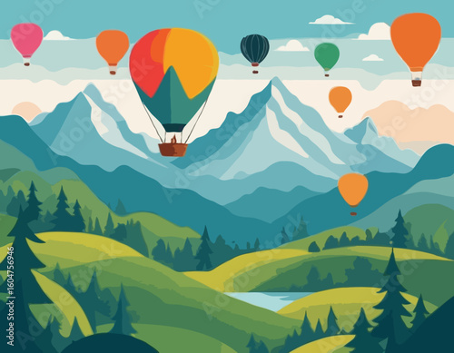 Hot Air Balloon Vector Illustration with Colorful Balloons Flying over Mountains and Forest Landscape for Travel Agency Website Headers and Adventure Tourism Promotion.