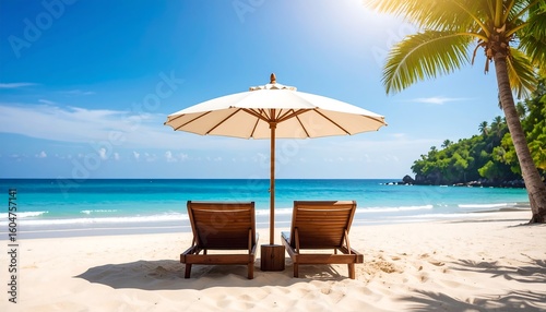 Wallpaper Mural Tropical beach scene with sunshade and chairs Torontodigital.ca