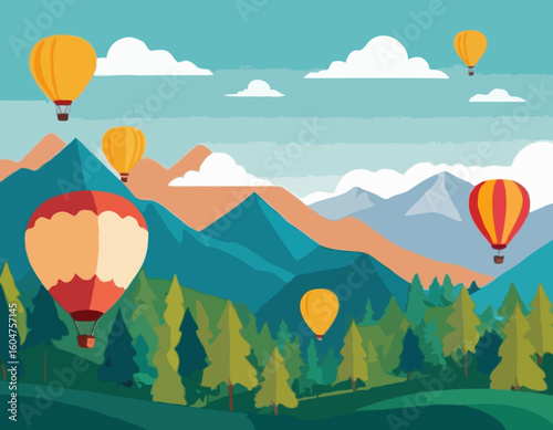 Hot Air Balloon Vector Illustration with Colorful Balloons Flying over Mountains and Forest Landscape for Travel Agency Website Headers and Adventure Tourism Promotion.