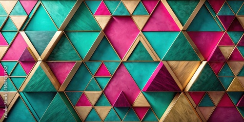 Abstract Geometric Triangular Wall Panel Design Featuring Teal, Pink, and Gold Accents