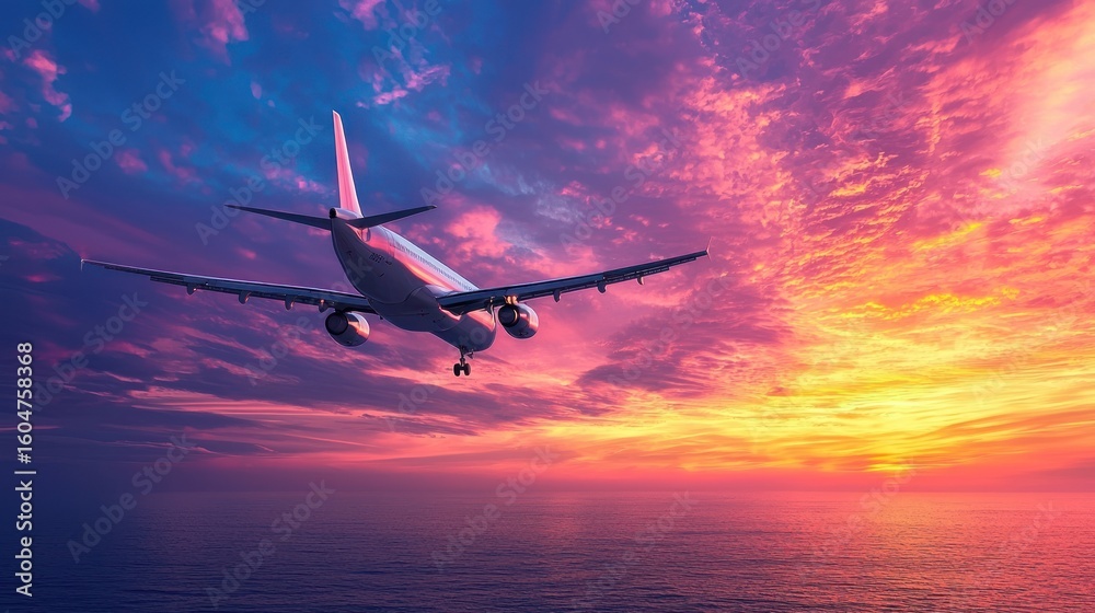 Fototapeta premium A commercial airplane flying over the ocean at sunset.
