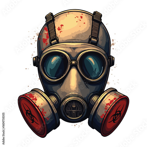 A woman in a black gas mask with a filter provides protection against toxic chemical pollution and the dangers of warfare