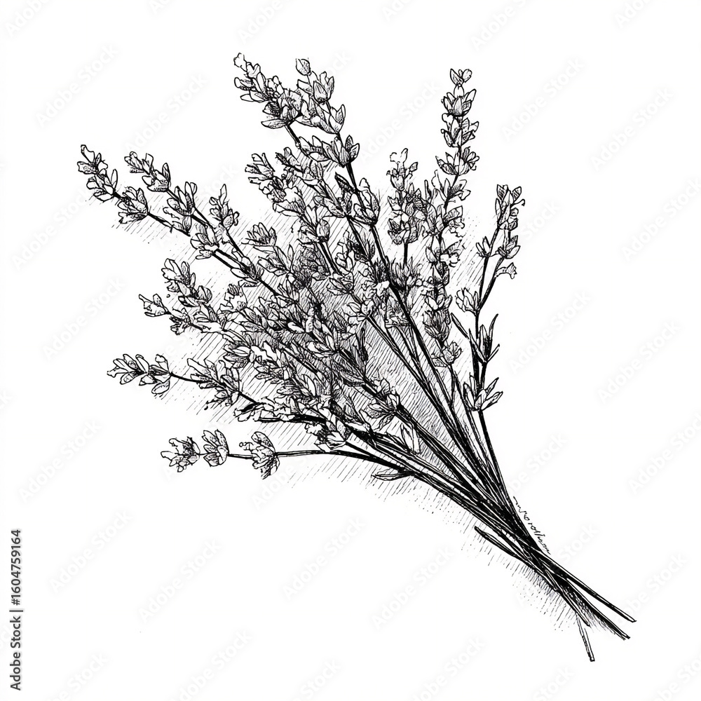Fototapeta premium Simple black clean line art drawing of a cluster of wild lavender sprigs