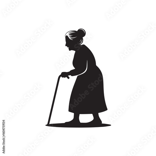 Silhouette of an elderly woman with a cane walking slowly representing aging and the passage of time