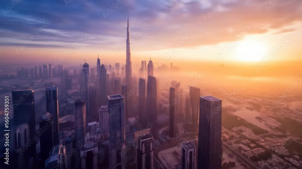 Dubai skyline at sunrise with fog rolling through the skyscrapers creating a breathtaking view of