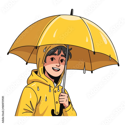 A cheerful young person in a bright yellow raincoat holding a matching umbrella illustration