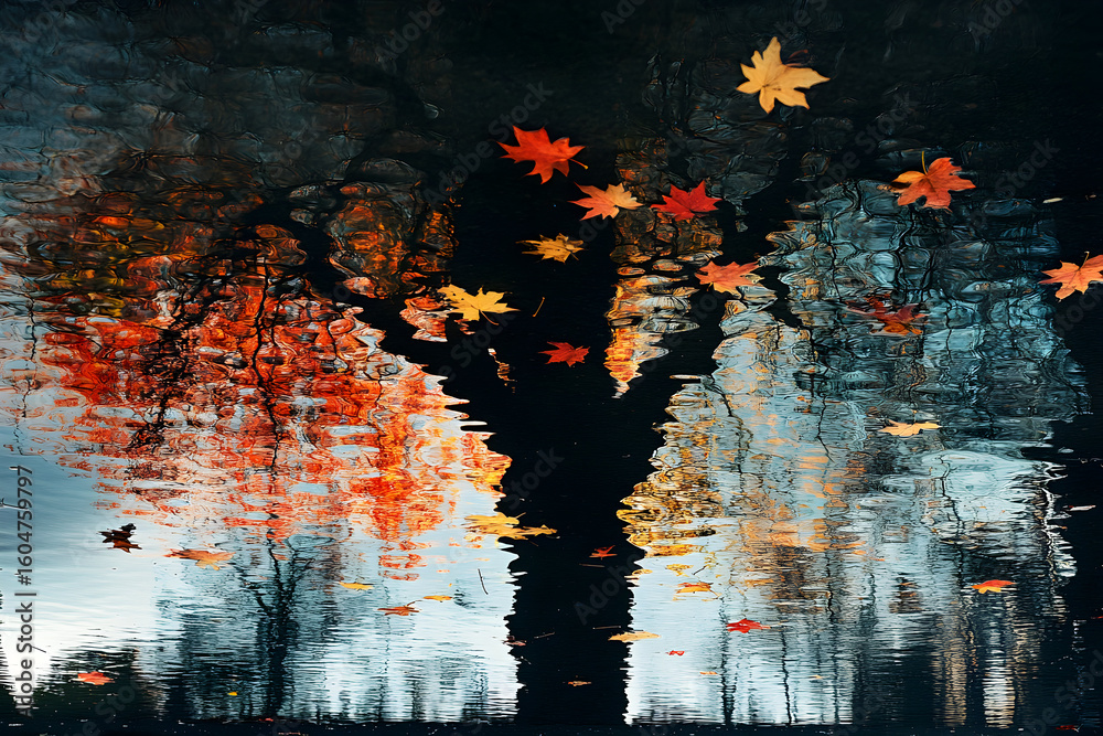 Fototapeta premium Reflection of an autumn tree in dark water.