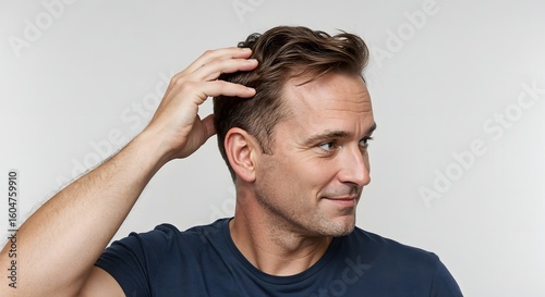 Middle-aged man showing visible signs of hair loss, touching his scalp with concern. Ideal for hair care, hair loss treatment, trichotherapy, and male wellness-related content.