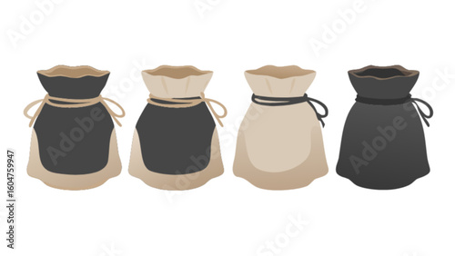 Drawstring pouch bag set vector illustration fabric sack cloth container money bag empty sack isolated design