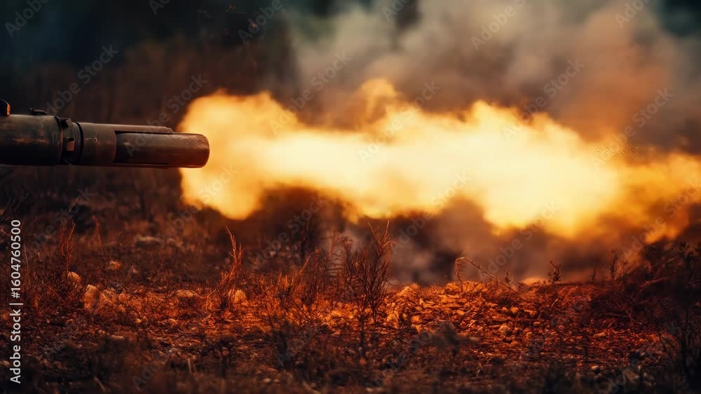Explosion footage with intense muzzle flash in a war scenario for cinematic stock video, Dramatic