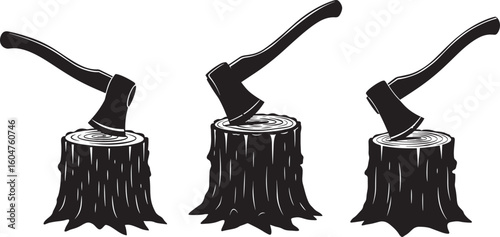 Three axes stuck in wooden stumps silhouette