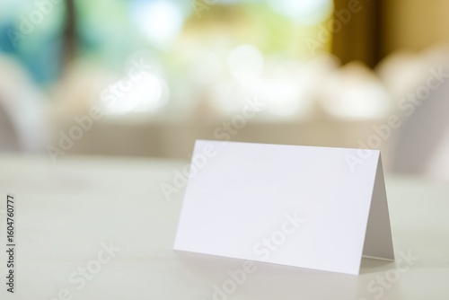 Blank white folded table tent card on a desk with soft bokeh background, ideal for nameplates, events, meetings, restaurants, or minimalist branding mockups.