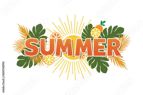 Vector Bright Summer Sun with Tropical Leaves and Orange Fruits Illustration